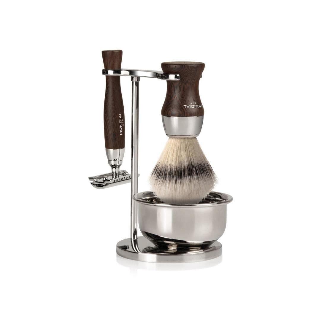 Heritage Wengé Shaving Set: Chrome Stand & Bowl + Super Badger Brush + Razor.