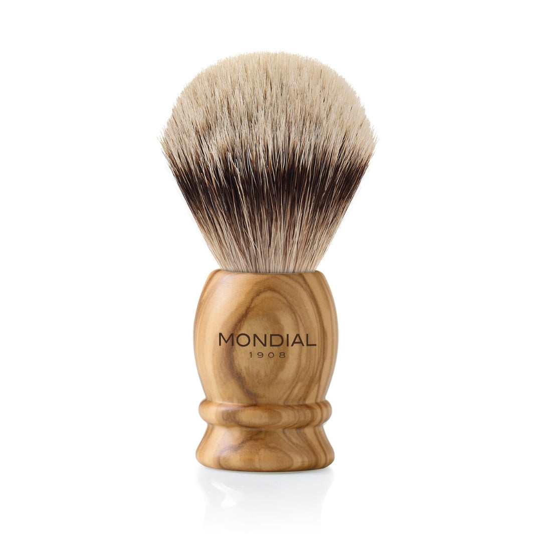 Olive Wood Brush with Silvertip Badger: Medium.