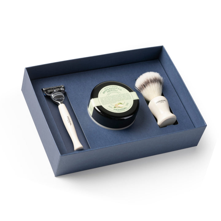3-Piece Wet Shaving Set: 'Baylis' Ivory Resin with Bergamot & Neroli.