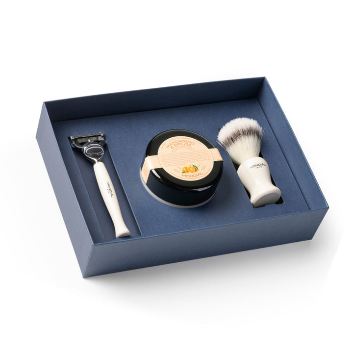 3-Piece Wet Shaving Set: 'Baylis' Ivory Resin with Mandarin & Spices.