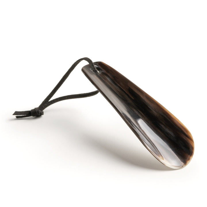 Small Shoehorn with Leather Handle Loop in Natural Horn: 4".