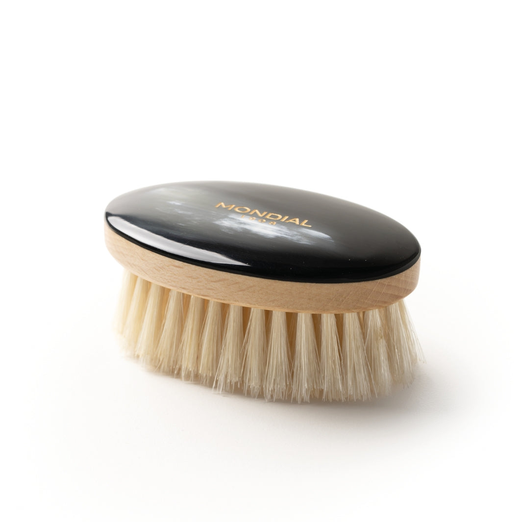 Oval Beard Brush with White Bristle and Ox Horn Handle: 3".