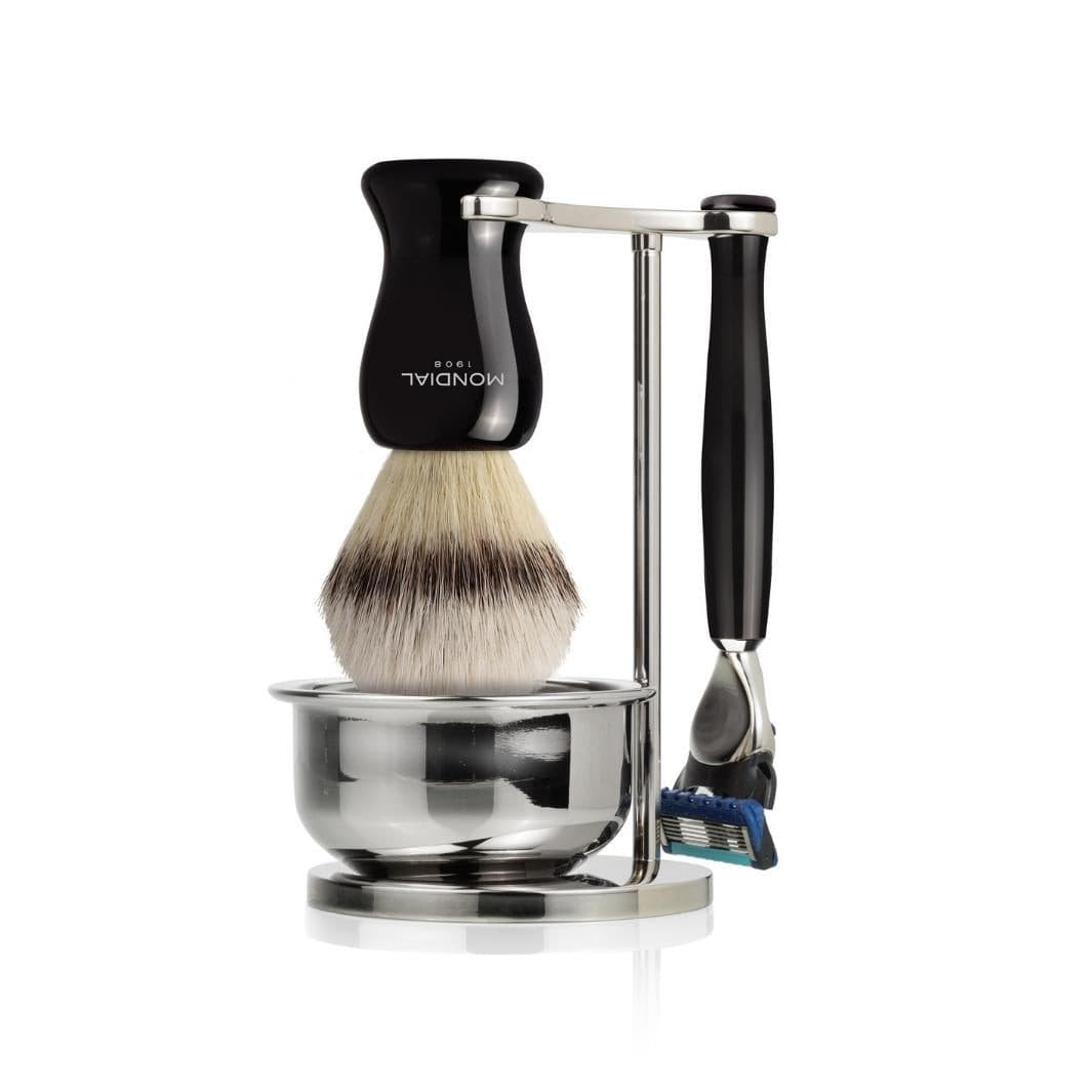 Gibson Shaving Set: Chrome Bowl Stand + EcoSilvertip Synthetic Brush + Razor.
