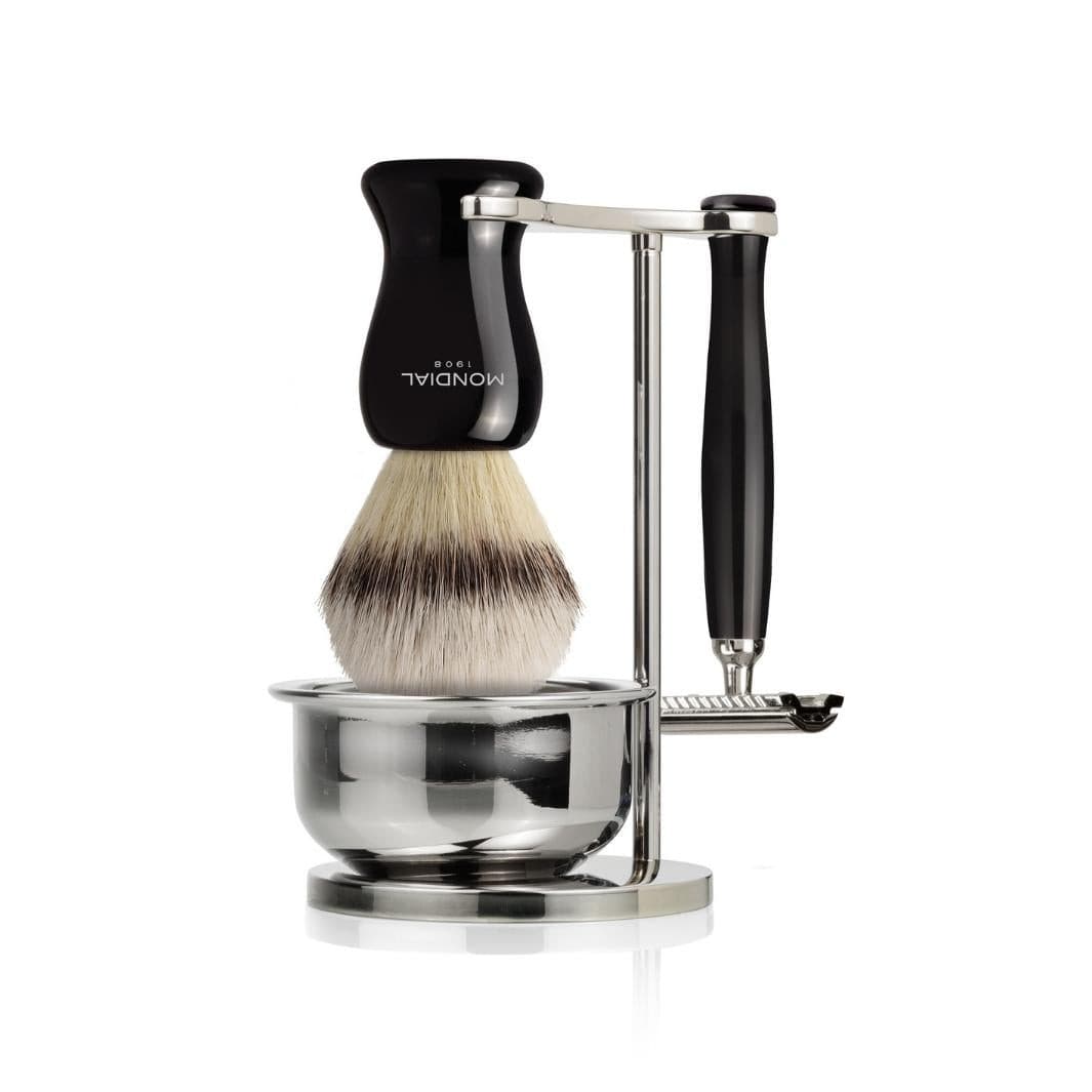 Gibson Shaving Set: Chrome Bowl Stand + EcoSilvertip Synthetic Brush + Razor.
