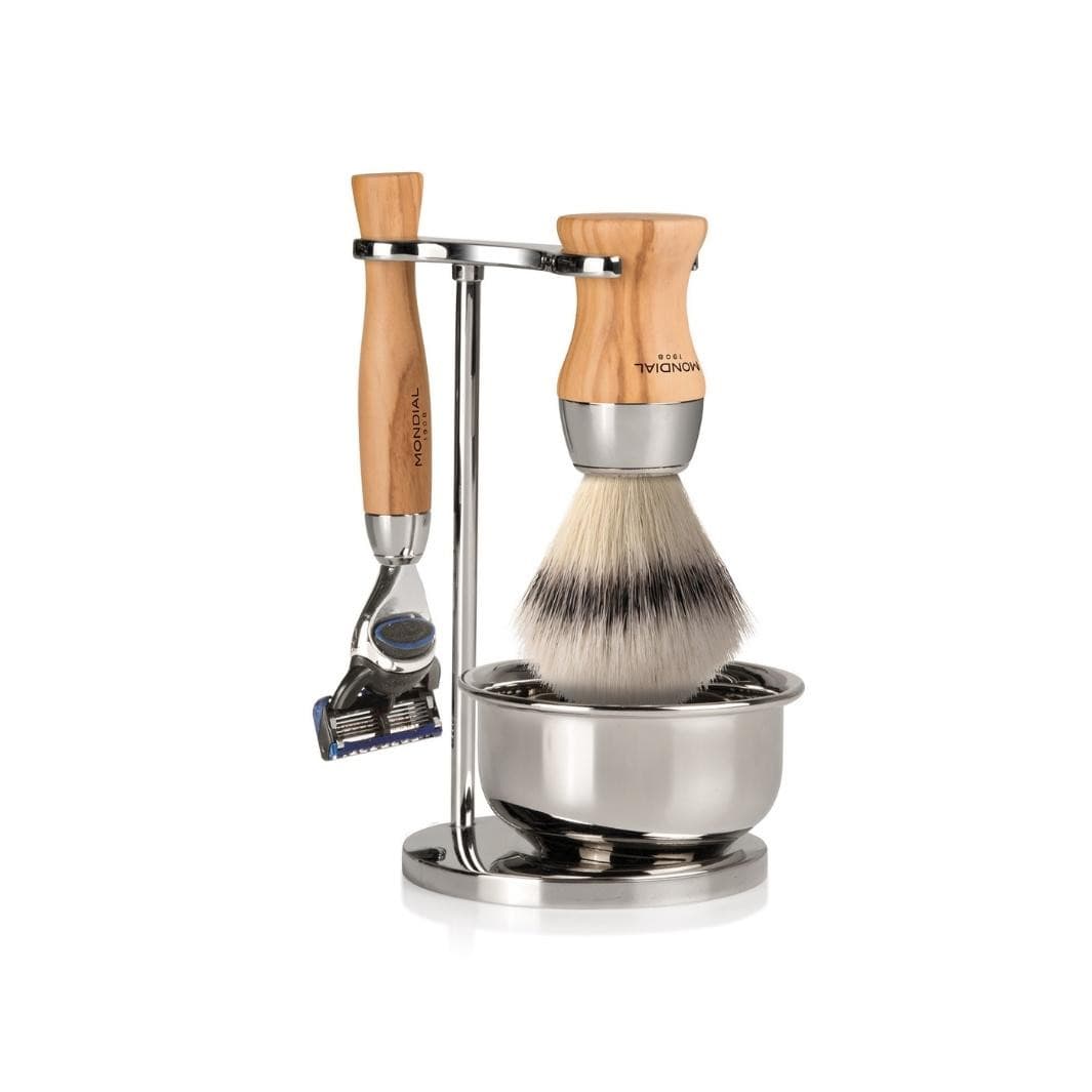 Heritage Olive Shaving Set: Chrome Stand & Bowl + Super Badger Brush + Cartridge Razor.