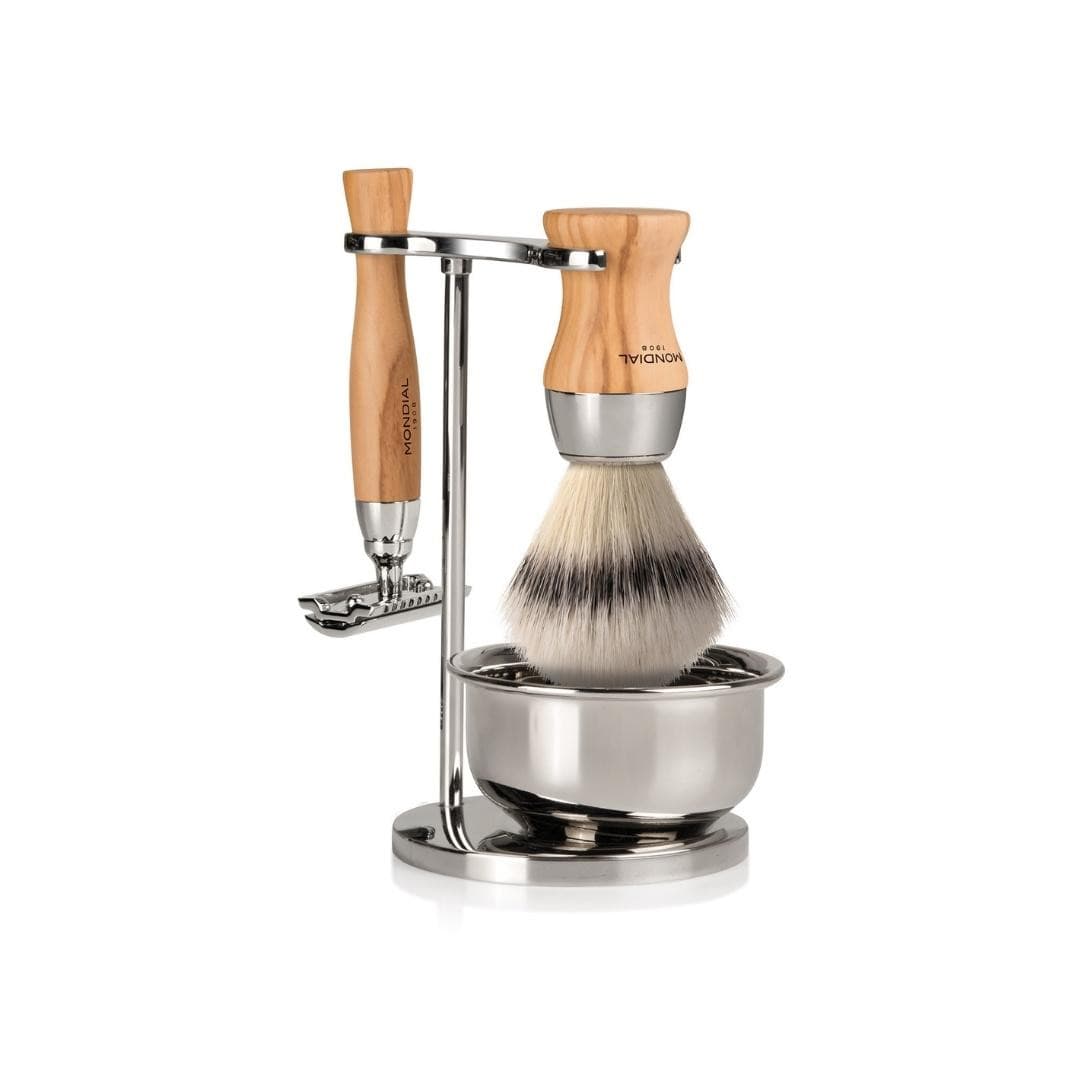 Heritage Olive Shaving Set: Chrome Stand & Bowl + Super Badger Brush + Razor.