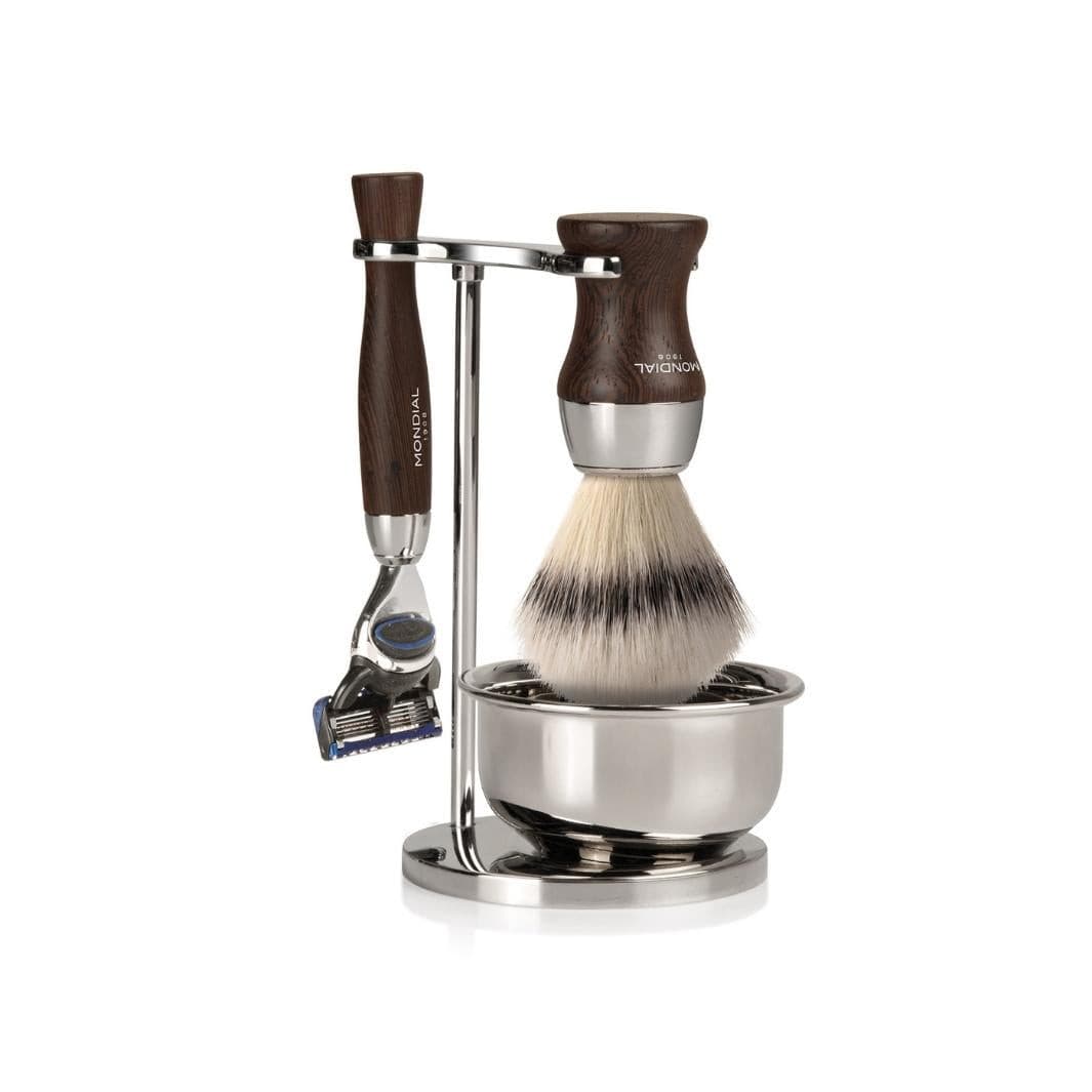 Heritage Wengé Shaving Set: Chrome Stand & Bowl + Super Badger Brush + Razor.