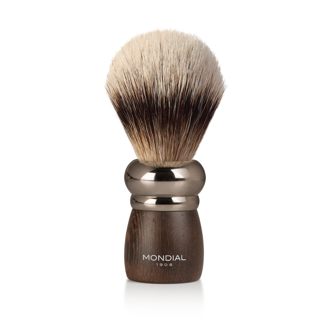 'Prestige' Wengé Silvertip Badger Shaving Brush with Wood Stand.