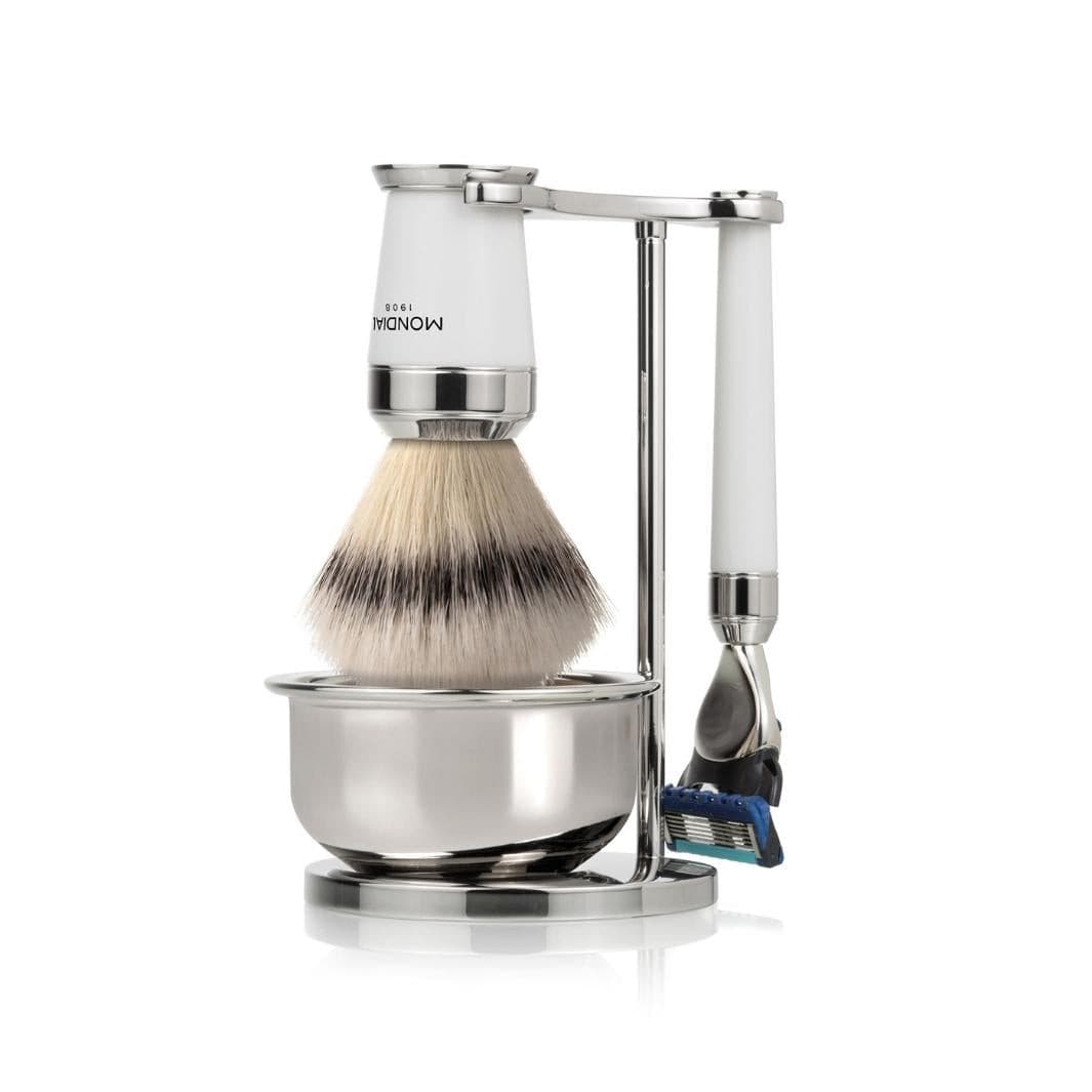Premium White Shaving Set: Chrome Stand & Bowl + Super Badger Brush + Cartridge Razor.