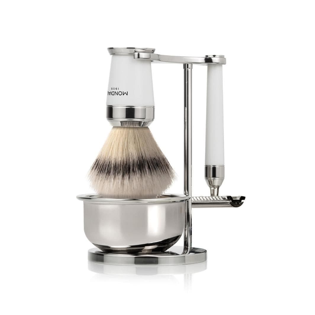 Premium White Shaving Set: Chrome Stand & Bowl + Super Badger Brush + Razor.