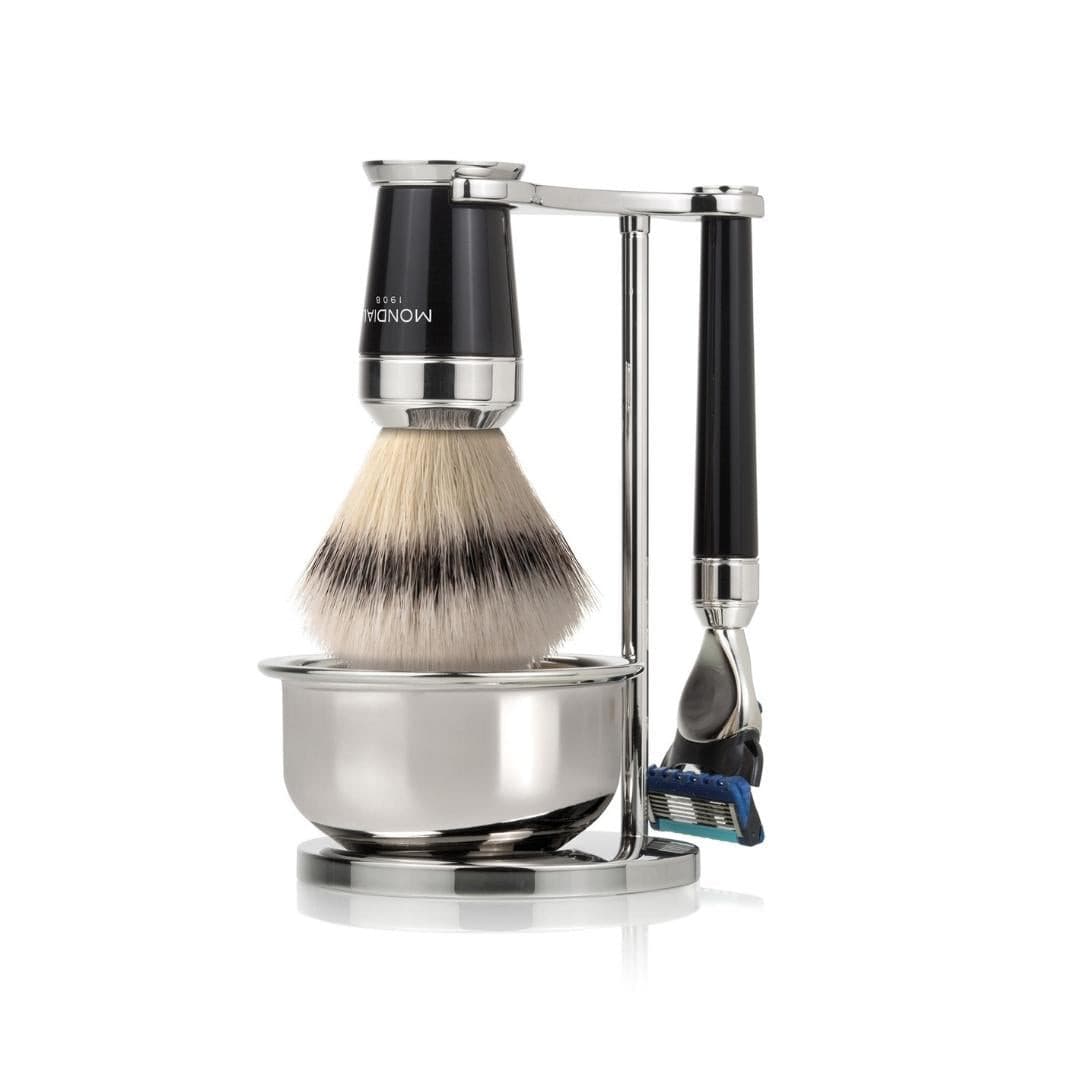 Premium Black Shaving Set: Chrome Stand & Bowl + Super Badger Brush + Razor.