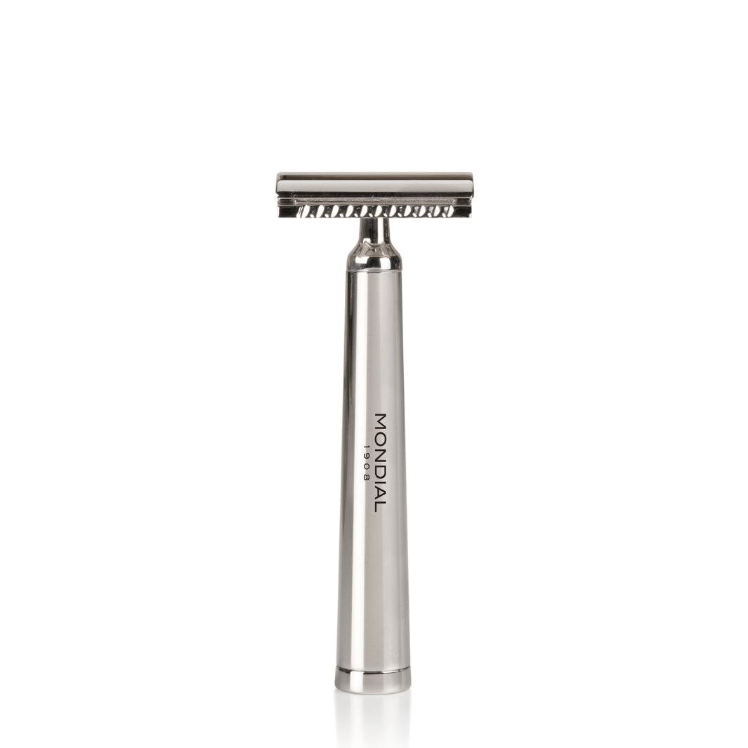 'Vespucci' Safety Razor with Handle in Shiny Nickel Metal.