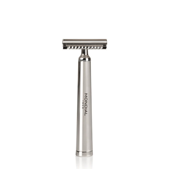 'Vespucci' Safety Razor with Handle in Shiny Nickel Metal.