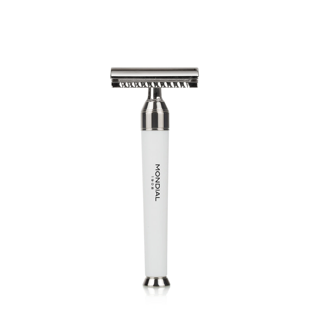 'Premium' Safety Razor with Handle in White Resin & Chrome.