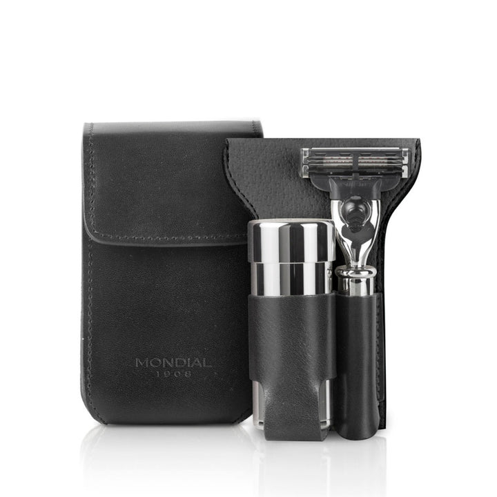 Shaving Travel Set with Badger Brush + Razor in Tuscan Leather Case.