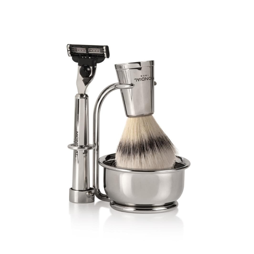 Vespucci Nickel Shaving Set: Chrome Stand & Bowl + Super Badger Brush + Razor.
