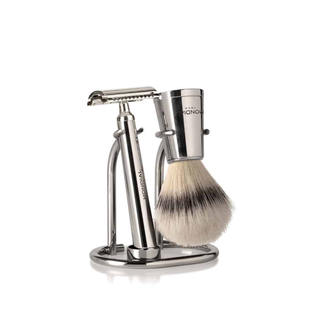 'Vespucci' Safety Razor with Handle in Shiny Nickel Metal.