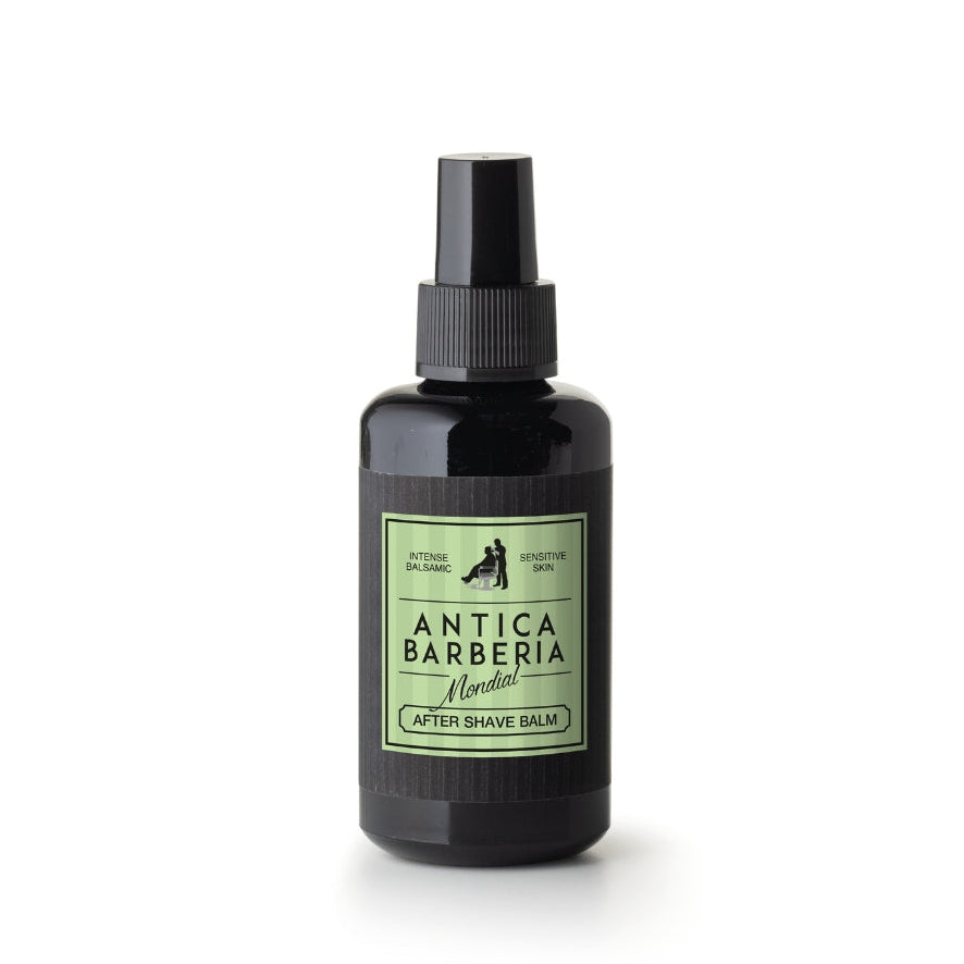 Bottle of Antica Barberia after shave balm on a white background
