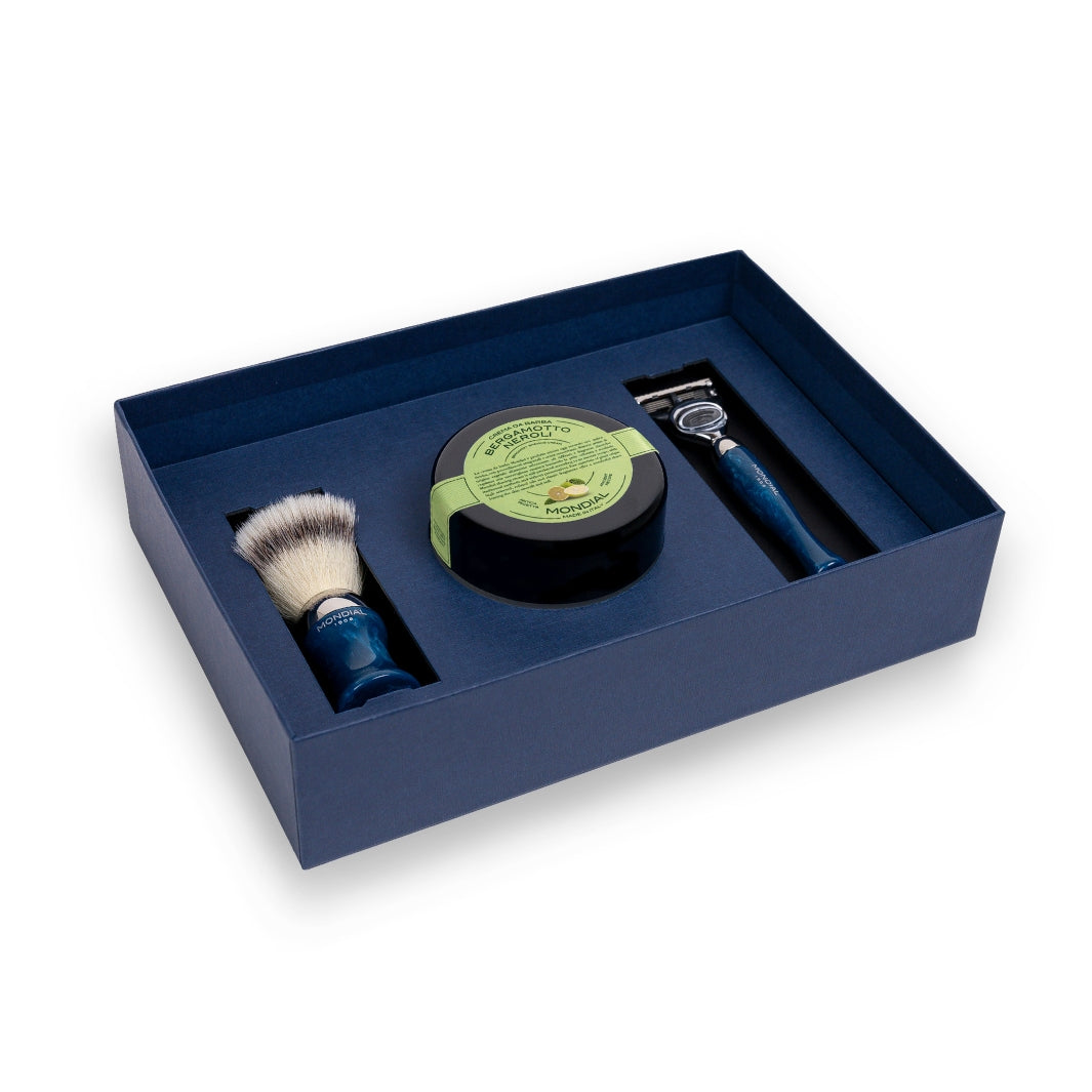 3-Piece Wet Shaving Set: 'Heritage' Axolute Blue Resin with Bergamot.