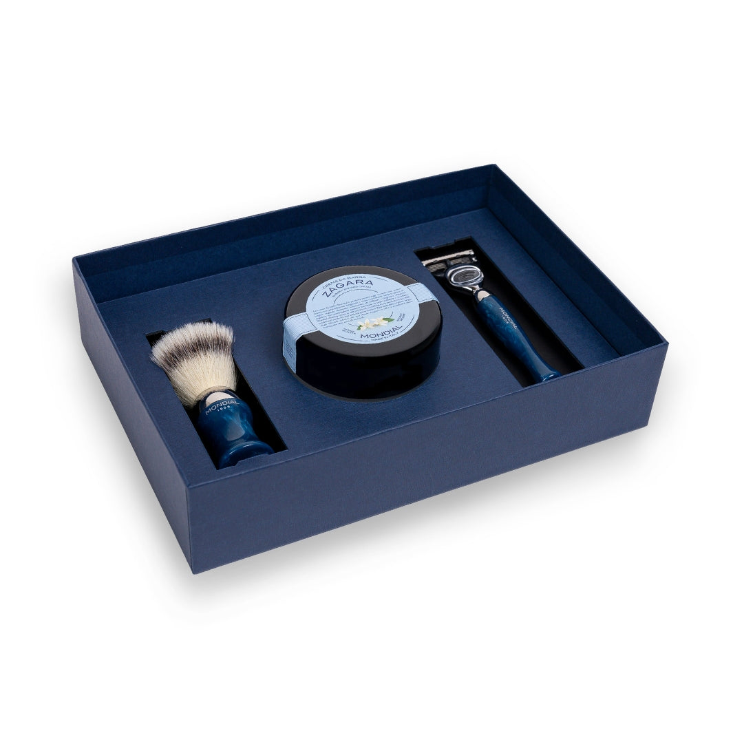 3-Piece Wet Shaving Set: 'Heritage' Axolute Blue Resin with Zagara.