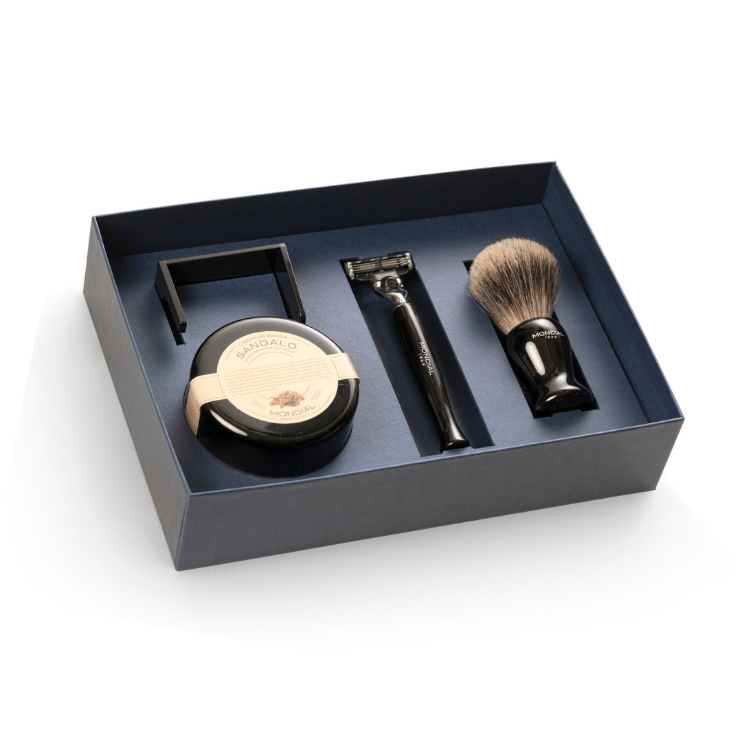 4-Piece Wet Shaving Set: 'Gibson' Ebony Resin with Bergamot & Neroli.