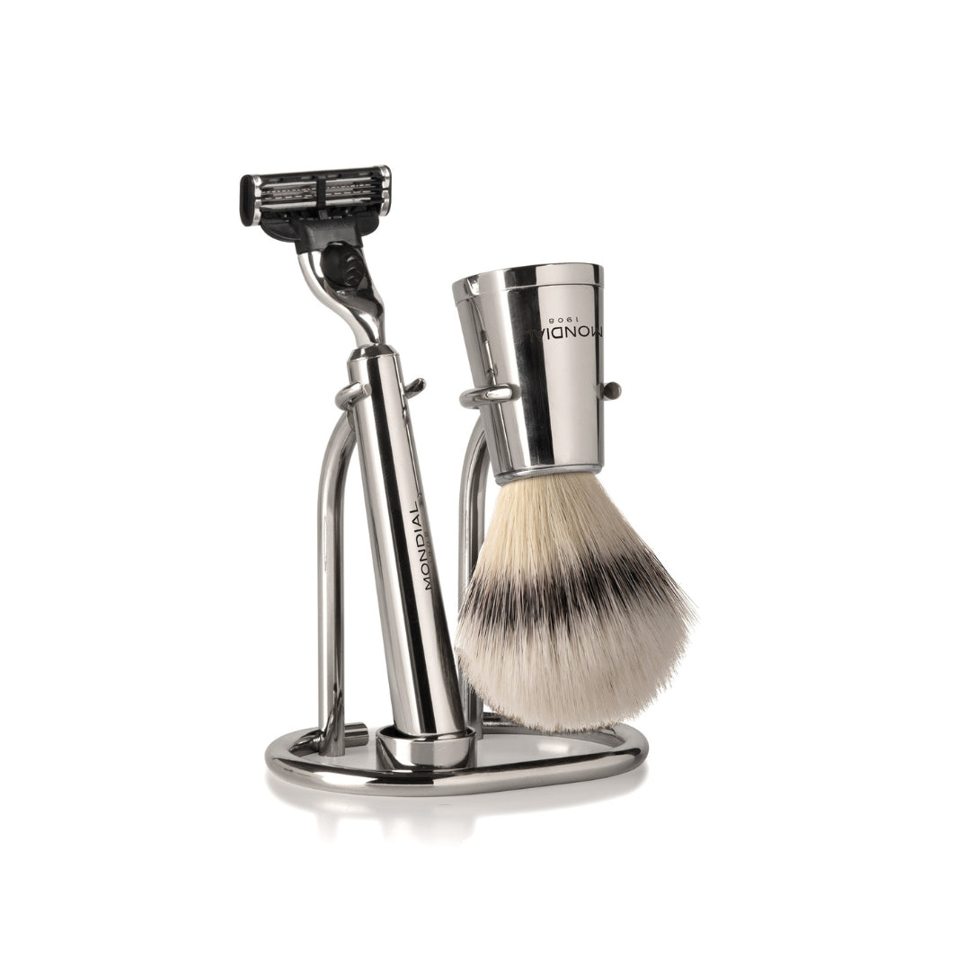 Vespucci Nickel Shaving Set: Chrome Stand + Super Badger Brush + Razor