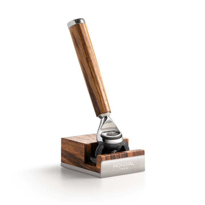 COMING SOON! Mythos Cartridge Razor Handle in Zebrano Wood with Stand