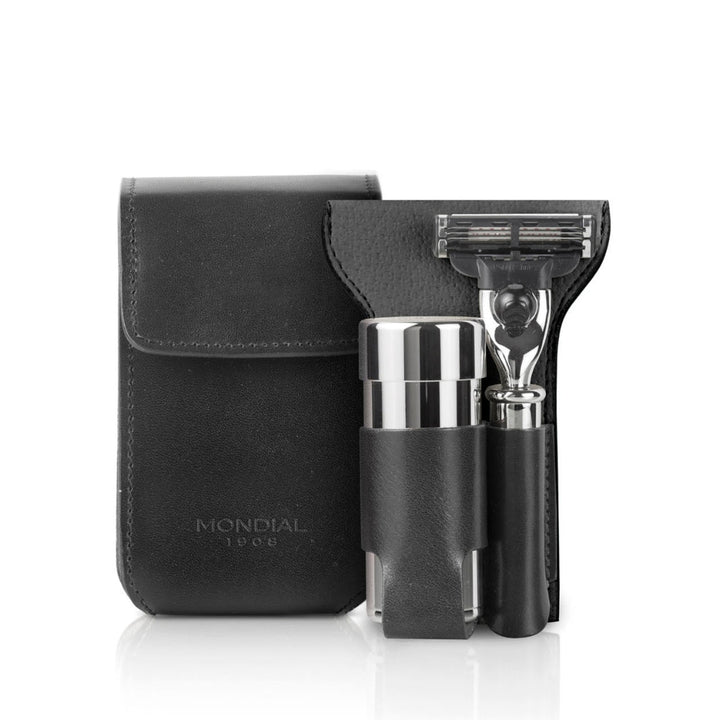 Shaving Travel Set with EcoSilvertip Synthetic Brush + Razor in Tuscan Leather Case.