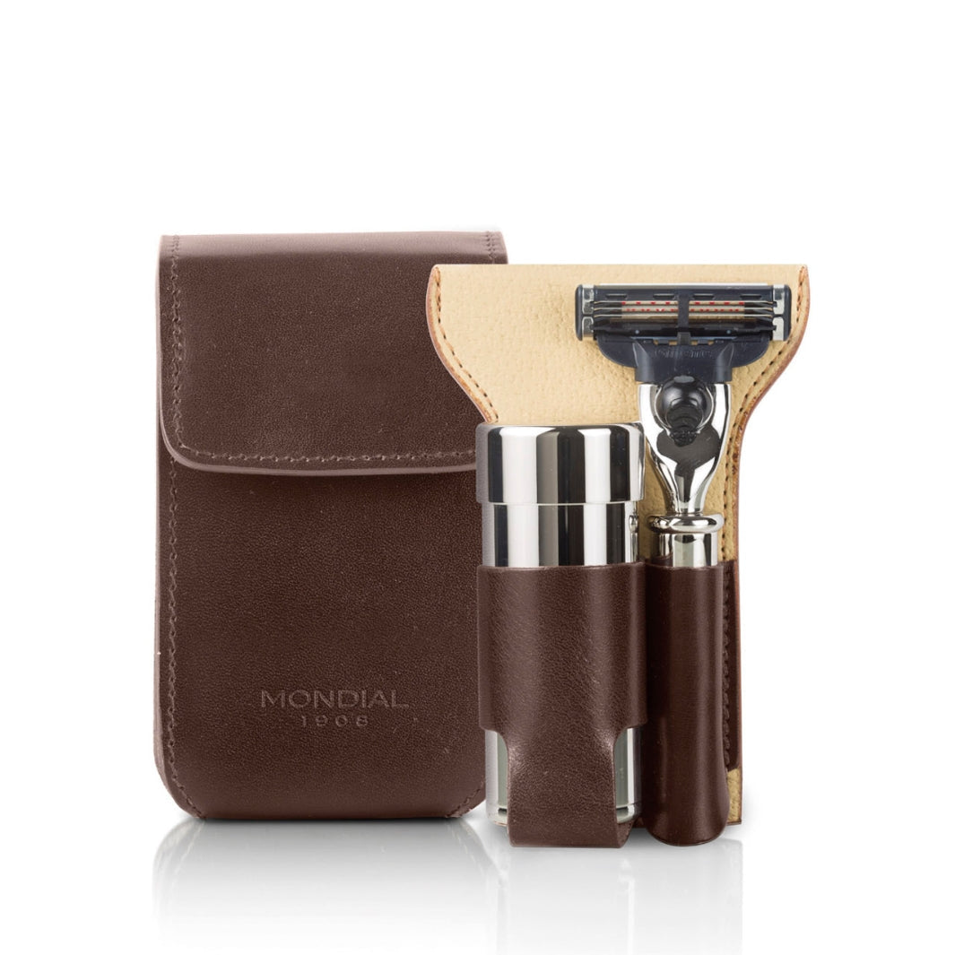 Shaving Travel Set with EcoSilvertip Synthetic Brush + Razor in Tuscan Leather Case.