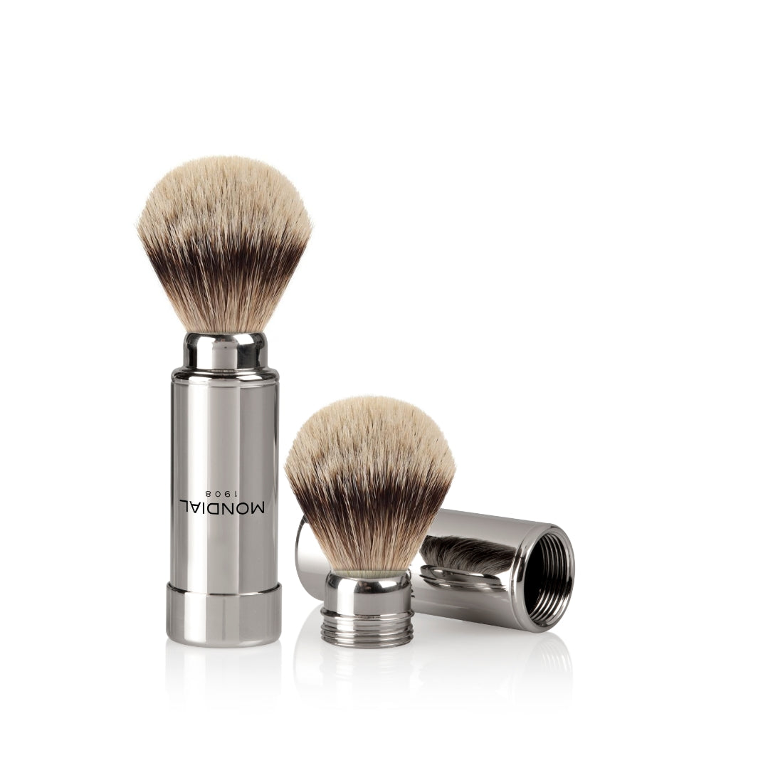 Two-Piece Chrome Travel Shaving Brush with Silvertip Badger.