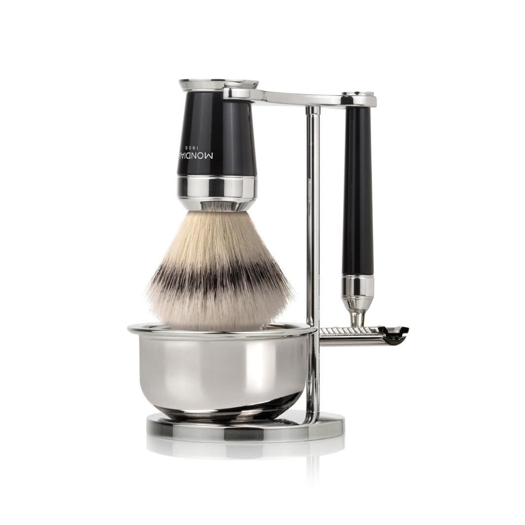 Premium Black Shaving Set: Chrome Stand & Bowl + Super Badger Brush + Razor.