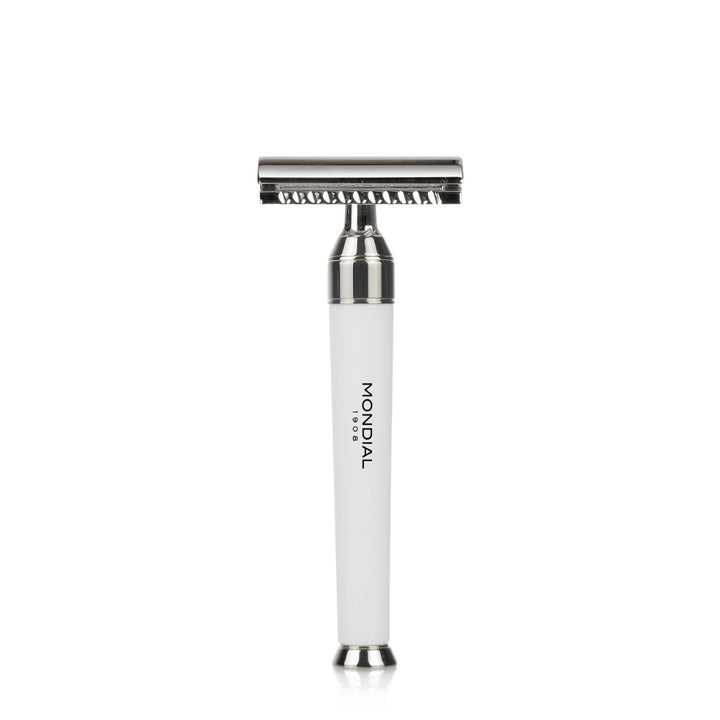 'Premium' Safety Razor with Handle in White Resin & Chrome