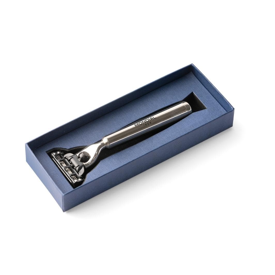 'Vespucci' Cartridge Razor Handle in Shiny Nickel Metal.