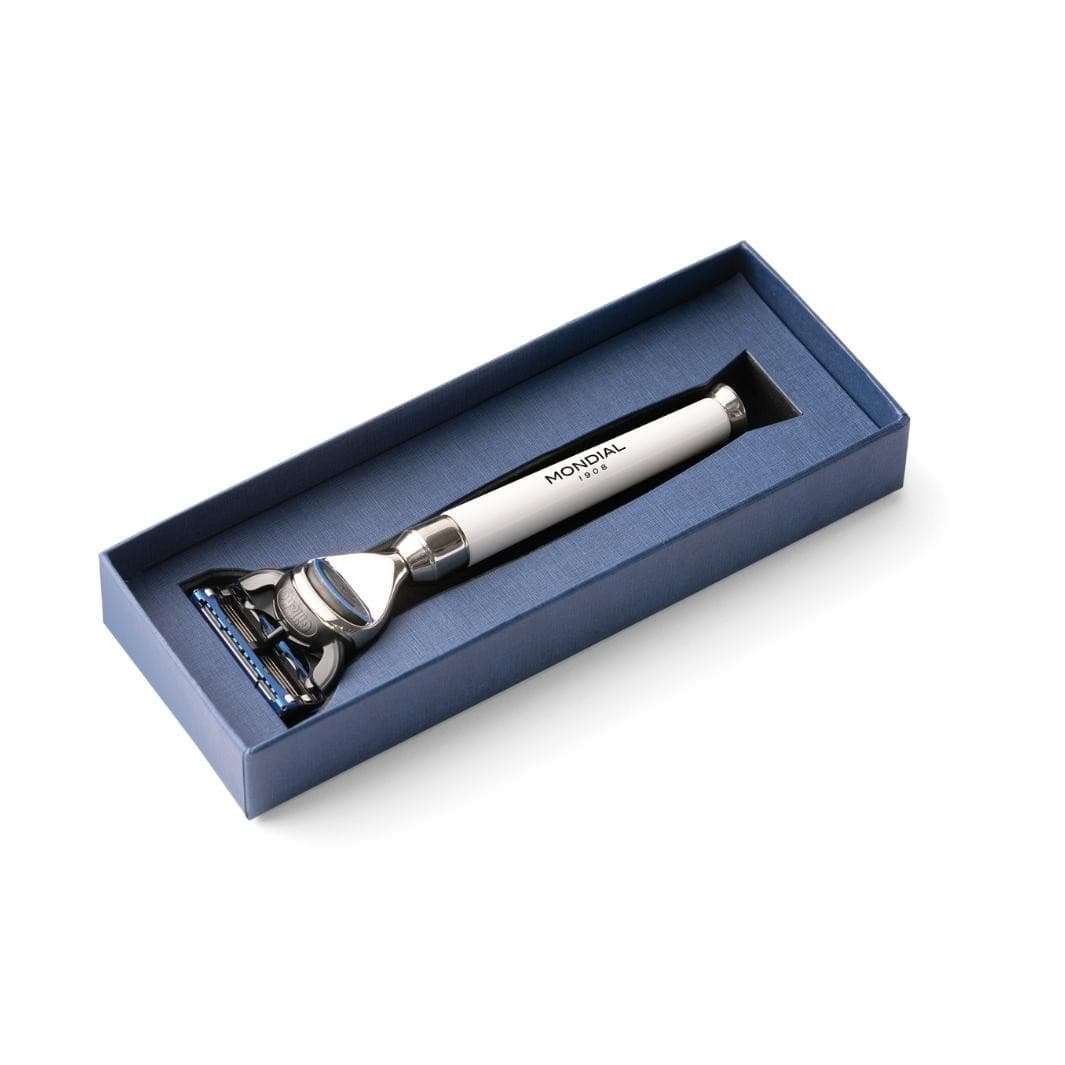 Resin Razor Handle Premium Cartridge Razor Handle in White Resin & Chrome – Mondial 1908 ...