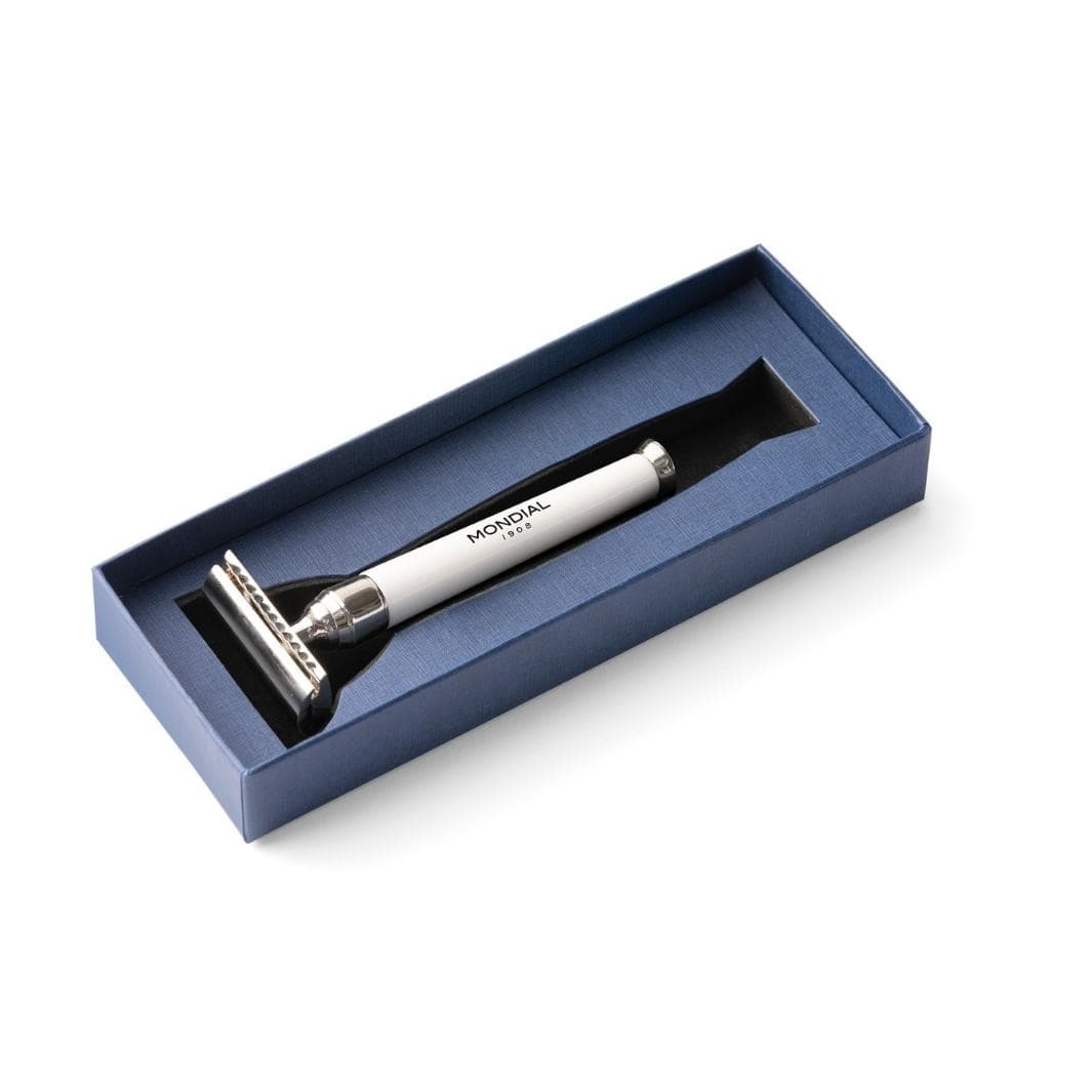 'Premium' Safety Razor with Handle in White Resin & Chrome.