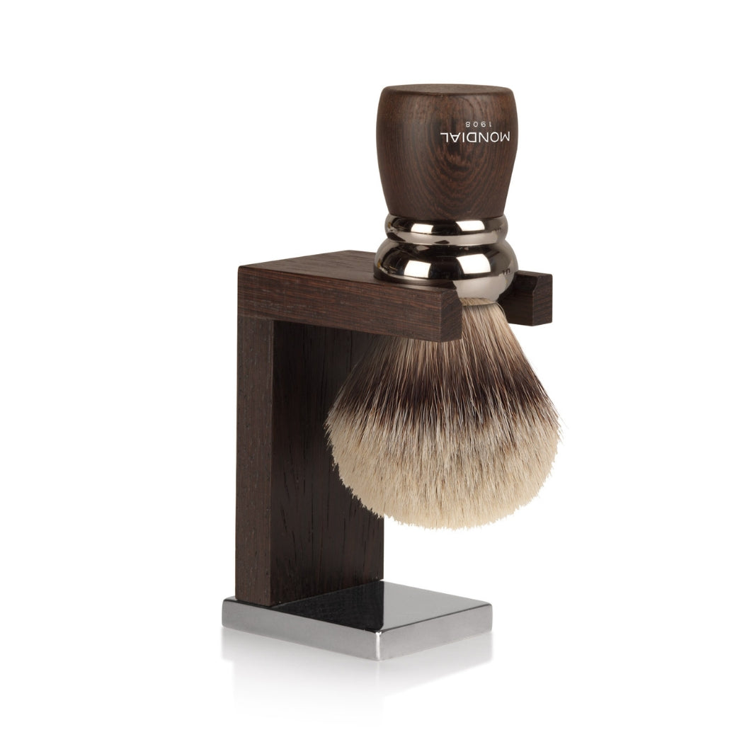 'Prestige' Wengé Silvertip Badger Shaving Brush with Wood Stand.