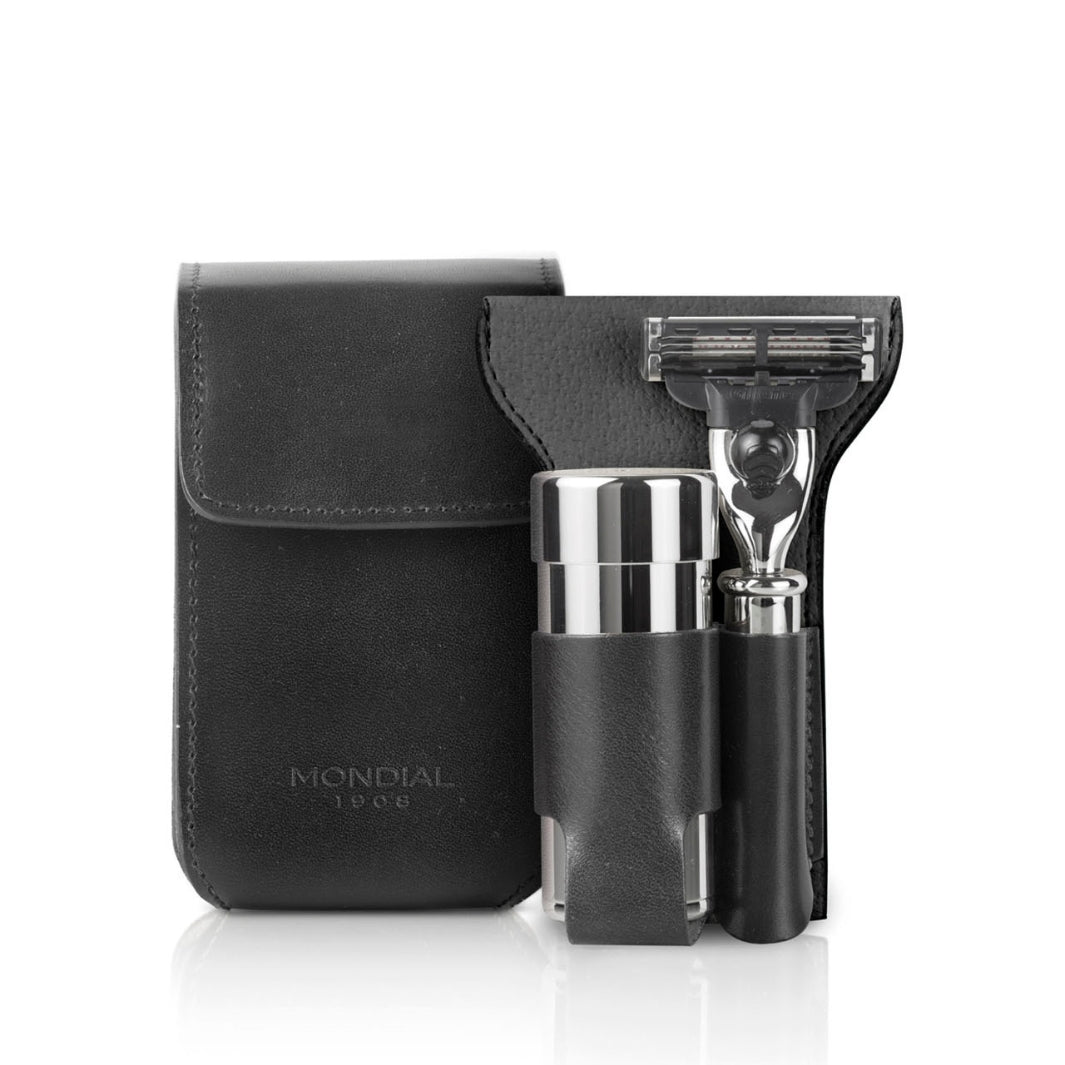 Mondial Razor Shaving Travel Set with Badger Brush + Razor in Tuscan Leather Case ...