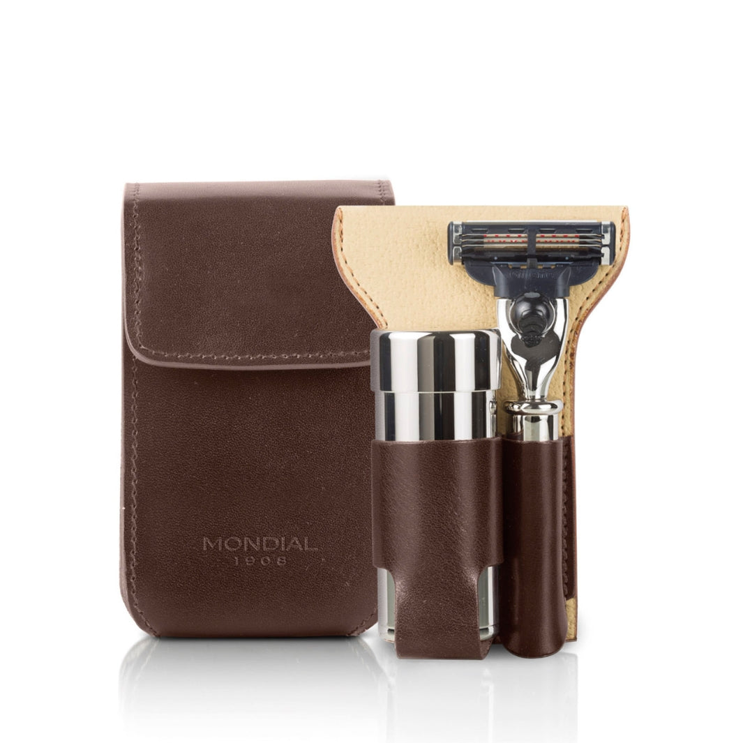 Shaving Travel Set with Badger Brush + Razor in Tuscan Leather Case.
