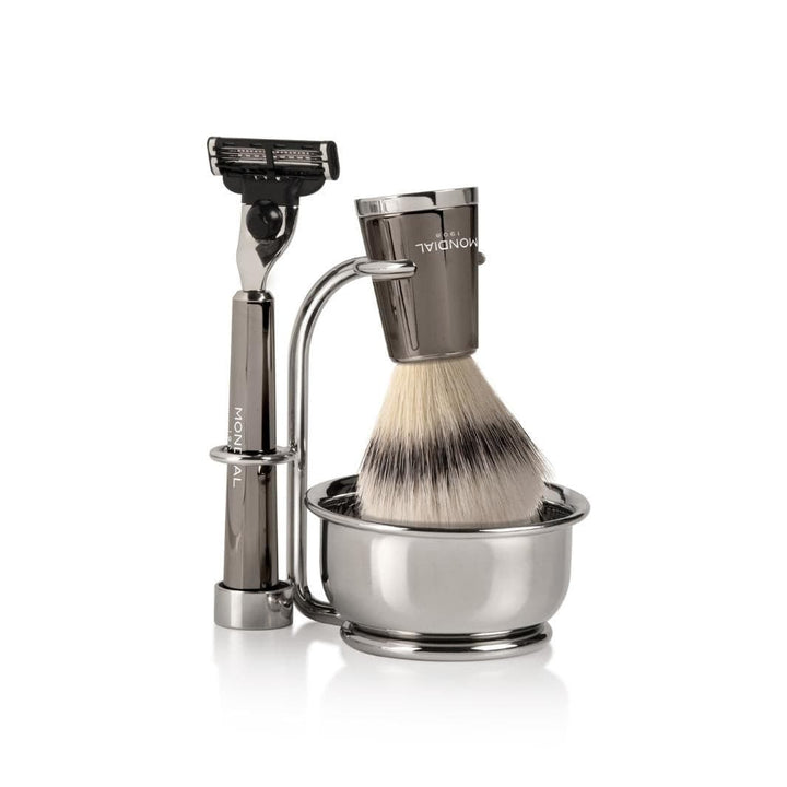 Vespucci Ruthenium Shaving Set: Chrome Stand & Bowl + Super Badger Brush + Razor.